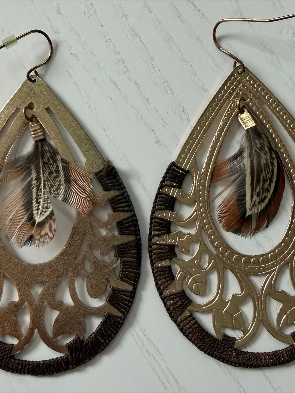 Gold Teardrop Filigree & Feather Dangle Earrings - Picture 2 of 5